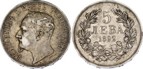 Bulgaria 5 Leva 1892 КБ
KM# 15, N# 32250; Silver; Ferdinand I; VF+.