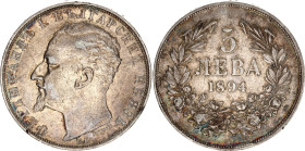 Bulgaria 5 Leva 1894 КБ
KM# 18; Silver; Ferdinand I; Mint: Kremnitz; XF-.