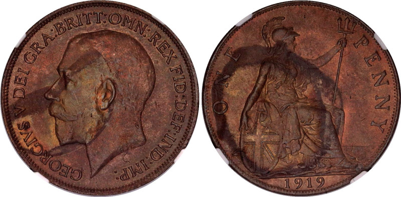 Great Britain 1 Penny 1919 NGC UNC
KM# 810, N# 578; Bronze; George V; NGC UNC D...
