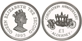 Guernsey Alderney 1 Pound 1993
KM# 4; Silver; Elizabeth II; 40th Anniversary of the Coronation of Queen Elizabeth II; Mintage 20000; UNC Proof.