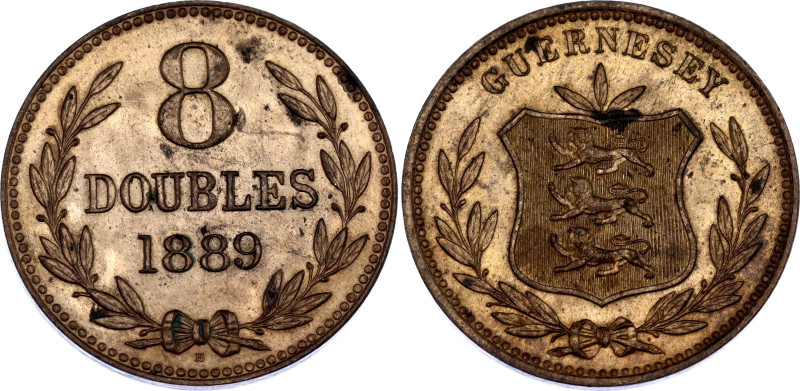 Guernsey 8 Doubles 1889 H
KM# 7; Schön# 8; N# 5044; Copper; Mint: Heaton's Mint...