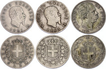 Italy 3 x 2 Lire 1863 - 1884
KM# 6a.1 & 23; Silver; Vittorio Emanuele II & Umberto I; Naples & Rome Mint; F-VF.