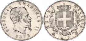 Italy 5 Lire 1873 M BN
KM# 8.3; N# 2290; Silver; Vittorio Emanuele II; Mint: Milan; UNC.