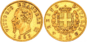 Italy 10 Lire 1863 TBN
KM# 9.2; N# 18756; Gold (.900) 3.23 g.; Vittorio Emanuele II; Turin Mint; VF+.