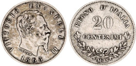 Italy 20 Centesimi 1863 M BN
KM# 13.1, N# 4257; Silver; Vittorio Emanuele II; VF+.