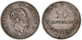 Italy 50 Centesimi 1863 M BN
KM# 14.1; Silver; Vittorio Emanuele II; XF.