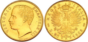 Italy 20 Lire 1905 R Collector's Copy
KM# 37.1; Fr# 23; N# 21247; Gold (.900) 6.23 g.; Vittorio Emanuele III; Rome Mint; Mintage 8'715; UNC.