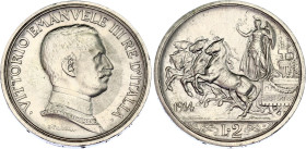 Italy 2 Lire 1914 R
KM# 55; N# 7359; Silver; Vittorio Emanuele III; Mint: Rome; UNC Toned.