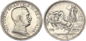 Italy 2 Lire 1915 R
KM# 55; N# 7359; Silver; Vittorio Emanuele III; Mint: Rome; AUNC-UNC Toned.