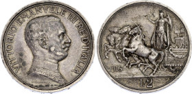 Italy 2 Lire 1916 R
KM# 55; N# 7359; Silver; Vittorio Emanuele III; Rome Mint; AUNC.
