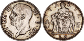 Italy 5 Lire 1937 R
KM# 79, N# 6670; Silver; Vittorio Emanuele III; Mintage 100000; UNC with nice toning.