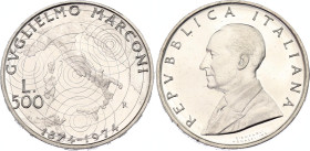 Italy 500 Lire 1974 R
KM# 103; N# 7276; Silver; 100th Anniversary of the Birth of Guglielmo Marconi; Rome Mint; Proof.