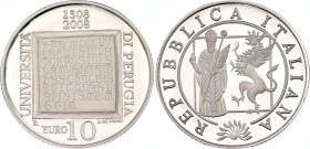 Italy 10 Euro 2008 (ND) R
KM# 306; N# 45336; Silver; 700th Anniversary of University of Perugia; Rome Mint; Mintage 9'000; Proof.