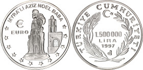 Turkey 1500000 Lira 1997
KM# 1100, N# 111108; Silver., Proof; Myra'li Aziz Noel Baba and Euro; Mintage 10492 pcs.