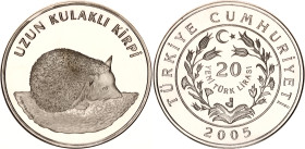 Turkey 20 New Lira 2005
KM# 1176; N# 53586; Silver; Long-eared Desert Hedgehog; Istanbul Mint; Mintage 744; Proof.
