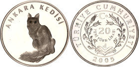 Turkey 20 New Lira 2005
KM# 1180.2; N# 21056; Silver; Angora Cat; Istanbul Mint; Mintage 1'236; Proof, mismatched coloured eyes.