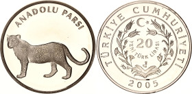 Turkey 20 New Lira 2005
KM# 1181; N# 21057; Silver; Anatolian Leopard; Istanbul Mint; Mintage 855; Proof.