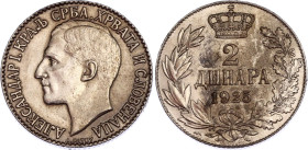 Yugoslavia 2 Dinara 1925
KM# 6; Poissy Mint; thunderbolt mintmark; Aleksandar I; AUNC/UNC.