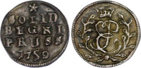 Russia - Prussia Solid 1759 R1
Bit# 780 R1; 6 R by Petrov; 2-5 R by Ilyin; Conros# 427/1; Silver 0.77 g.; UNC.