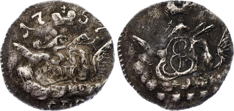 Russia 5 Kopeks 1757 СПБ
Bit# 342, N# 26913; Silver 0.8 g.; Elizabeth Petrovna;...