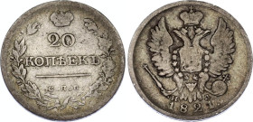 Russia 20 Kopeks 1821 СПБ ПД
Bit.# 202, N# 26836; Silver 3.95 g.; Alexander I; F/VF.