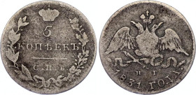 Russia 5 Kopeks 1831 СПБ НГ
Bit# 157, N# 26905; Silver 0.91 g.; Nicholas I; VG.
