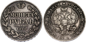 Russia 1 Rouble 1842 СПБ АЧ
Bit# 200; Eagle of 1841. In the tail 9 feathers. Wreath of 8 links; Silver 20.33 g.; XF.