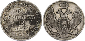 Russia - Poland 30 Kopeks - 2 Zlote 1838 MW
Bit# 1156; The eagle has a straight tail; Silver 5.92 g.; XF.
