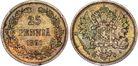 Russia - Finland 25 Pennia 1891 L
KM# 6, N# 21085; Silver; Alexandr III; XF with nice toning.