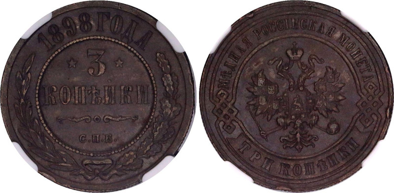 Russia 3 Kopeks 1898 СПБ NGC UNC
Bit# 285; Copper; NGC UNC Det. rim damage.