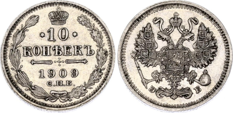 Russia 10 Kopeks 1909 СПБ ЭБ
Bit# 161; Y# 20a.2; N# 4625; Silver; XF-AUNC.