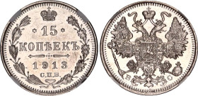 Russia 15 Kopeks 1913 СПБ ВС NGC MS 64
Bit# 140; Silver.