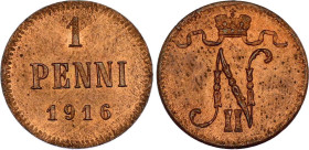 Russia - Finland 1 Penni 1916
Bit# 476; Conros# 489/40; Copper 1.18 g.; UNC.