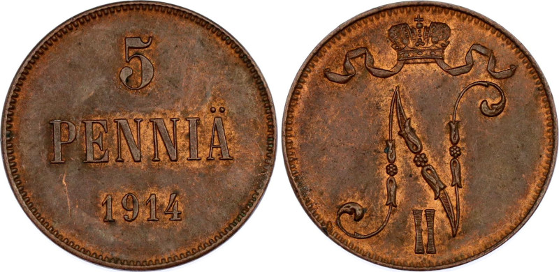 Russia - Finland 5 Pennia 1914
Bit# 454; Conros# 488/24; Copper 6.38 g.; UNC.