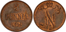 Russia - Finland 5 Pennia 1914
Bit# 454; Conros# 488/24; Copper 6.38 g.; UNC.