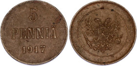 Russia - Finland 5 Pennia 1917
Bit# GSF4; KM# 17, Schön# 11; N# 10386; Copper; VF-XF.