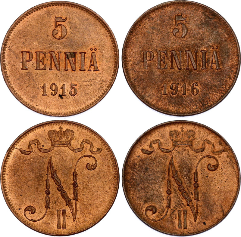 Russia - Finland 2 x 5 Pennia 1915 - 1916
Bit# 455 & 456; Conros# 488/25 & 488/...