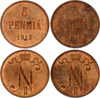 Russia - Finland 2 x 5 Pennia 1915 - 1916
Bit# 455 & 456; Conros# 488/25 & 488/26; Copper 6.39 g.; UNC.