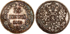Russia - Finland 25 Pennia 1901 L
KM# 6, N# 21085; Silver; Nicholas II; with crown; XF/AUNC.