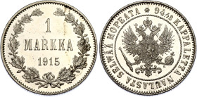 Russia - Finland 1 Markka 1915 S
Bit# 401; Conros# 484/13; Silver 5.23 g., Prooflike; UNC with full mint luster, with minor hairlines.