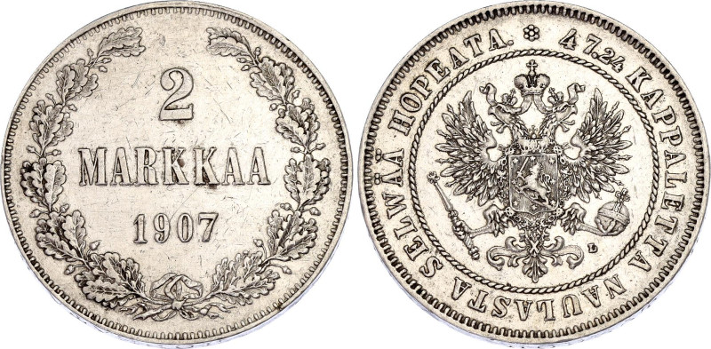 Russia - Finland 2 Markkaa 1907 L
Bit# 397; Conros# 483/9; Silver 10.33 g.; XF-...