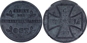 Russia 1 Kopek 1916 J German Occupation NGC UNC DETAILS
Bit# A7; KM# 21; Schön# 1; N# 2081; Iron; Wilhelm II; Hamburg Mint; UNC Cleaned.