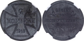 Russia 2 Kopeks 1916 J German Occupation NGC UNC DETAILS
Bit# A5; KM# 22; Schön# 2; N# 9868; Iron; Wilhelm II; Hamburg Mint; UNC Cleaned.