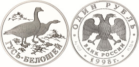 Russian Federation 1 Rouble 1998 СПМД
Y# 630; Schön# 577; N# 61055; Silver; Red Book - White-Neck Goose; Mintage 15'000; Proof.