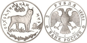 Russian Federation 3 Roubles 1995 ЛМД
Y# 474; Schön# 447; N# 69856; Silver; Protect Our World - Lynx; Leningrad Mint; Mintage 25'000; Proof.