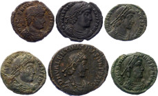 Roman Empire 6 x 1 Follis 364 - 375 AD Different Types
RIC# 5a, 7a, 12, 15a, 26b; Copper; Valentinian I; VF.