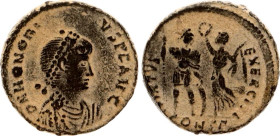 Roman Empire AE3 394 - 423 AD
RIC# 61c (Constantinople), LRBC 2206; Copper 2.94 g.; Honorius, Obv: DNHONORIVSPFAVG - Diademed, draped and cuirassed b...