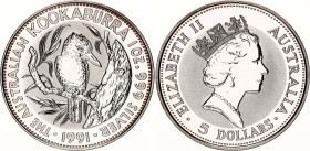 Australia 5 Dollars 1991
KM# 138; N# 22330; Silver; Elizabeth II; Australian Kookaburra; Perth Mint; BUNC.