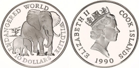 Cook Islands 10 Dollars 1990
KM# 80, N# 32218; Silver., Proof; Endangered World Wildlife Series; African Elephant with cub.