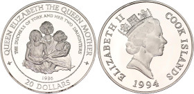 Cook Islands 20 Dollars 1994
KM# 256, N# 75152; Silver., Proof; Elizabeth II - 1936 Queen Mother & Daughters.